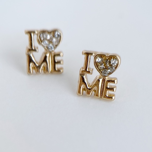 I Love Me Small Self Confidence Gold Tone Stud Earrings with hearts - Picture 4 of 12